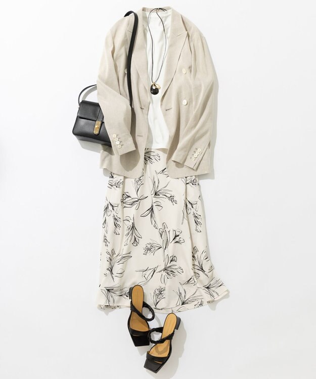 23区 【洗える】ラインフラワープリント Iライン スカート アイボリープリント