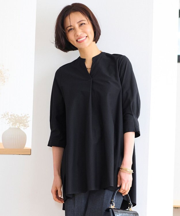 自由区 S 【UVカット・吸水速乾・洗える】ツイストプレーンバンドカラーチュニック丈 カットソー ミッドナイト