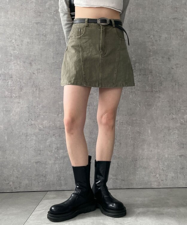 WEGO ベルトデニムスカート カーキ