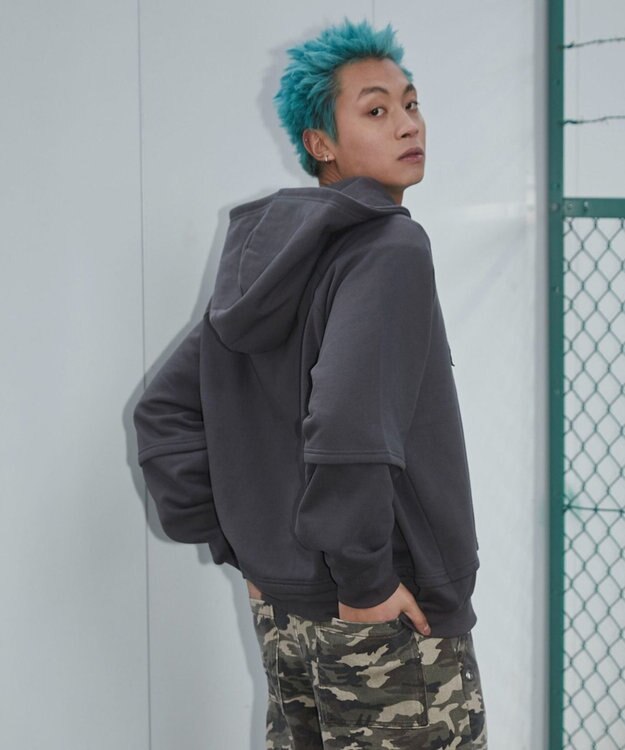 WEGO 【ユニセックス着用ITEM】ダメージアップリケレイヤードZIPパーカー スミクロ