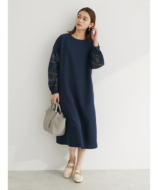 Green Parks 洗える袖レースワンピース Navy