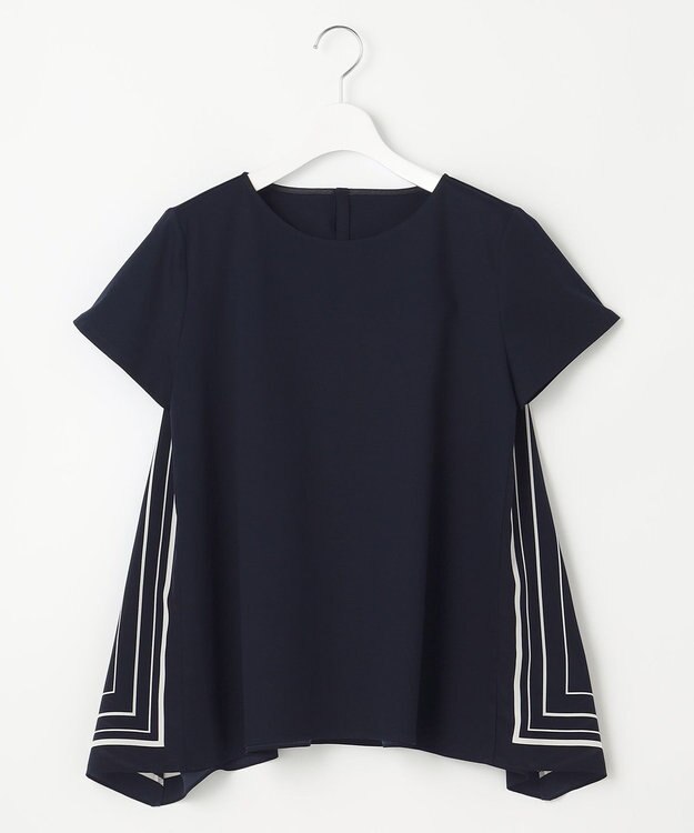 23区 L 【洗える】スカーフプリントコンビ バックデザイン カットソー ネイビーxオフホワイト