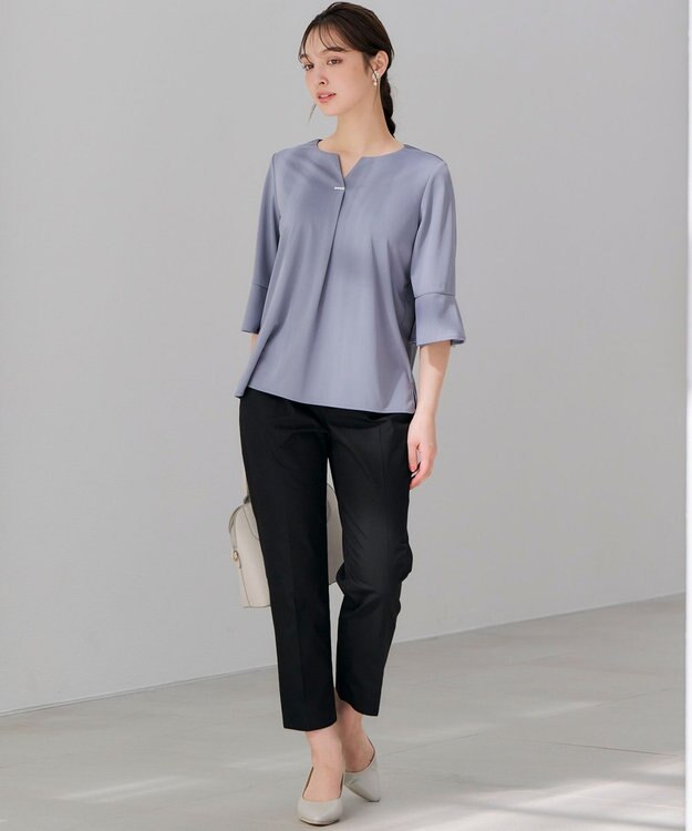 ANY SIS 【接触冷感・吸水速乾・UVケア】エアリードレープスムース 七分袖 ブラウス ブルー