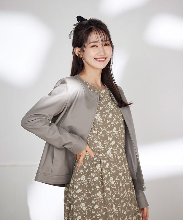 Tiaclasse L 【洗える】ギャザースリーブ花柄ワンピース モカ