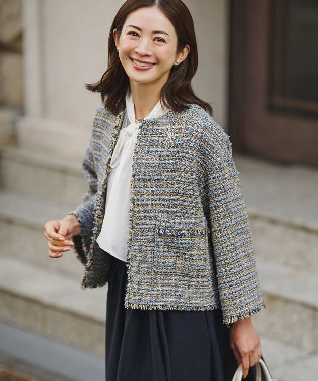 23区 GIOLICAツイード ノーカラー ジャケット ブルーミックス