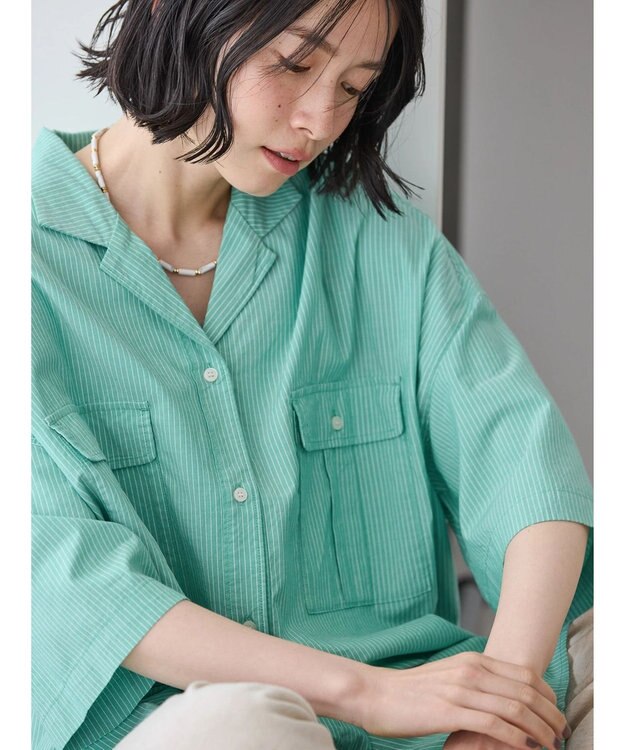 AMERICAN HOLIC 接触冷感＋ＵＶカットＷポケットＢＩＧシャツチュニック Stripe