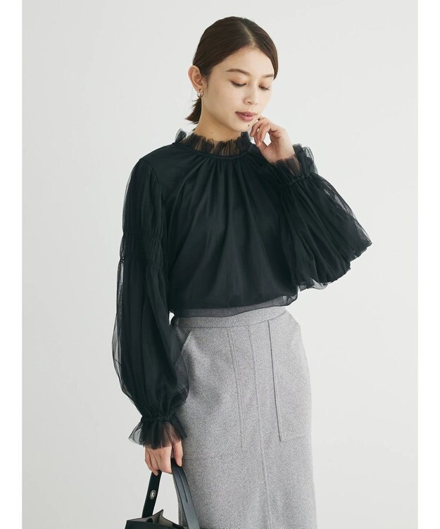 Green Parks ・ＥＬＥＮＣＡＲＥ　ＤＵＥ　チュールハイネックブラウス Black