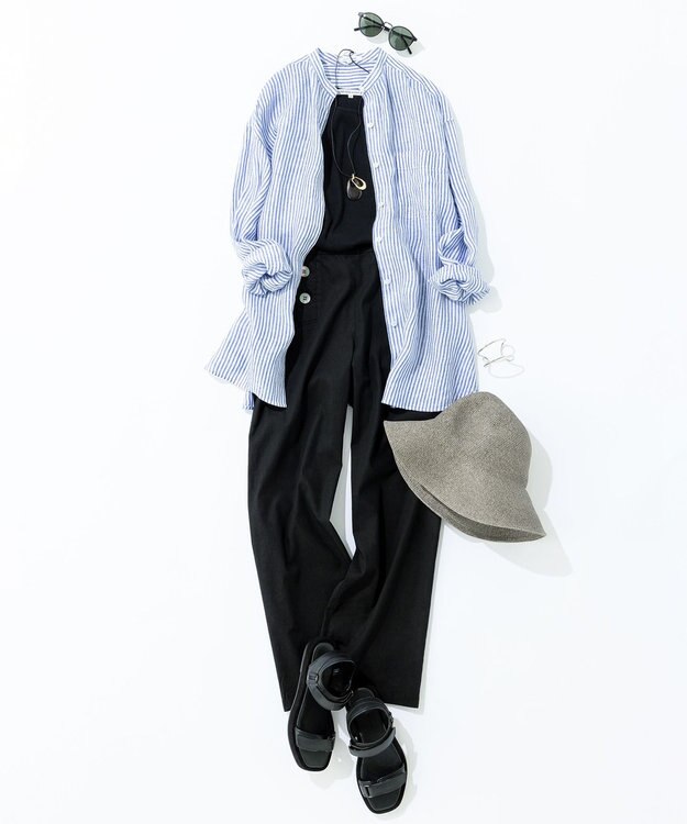 23区 S 【WEB限定カラーあり/洗える】LIBECO バンドカラー ビッグシルエット シャツ ブルーストライプ