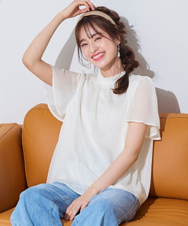 Tiaclasse 【洗える】大人上品なシフォンジャガードフリルカラーブラウス オフホワイト