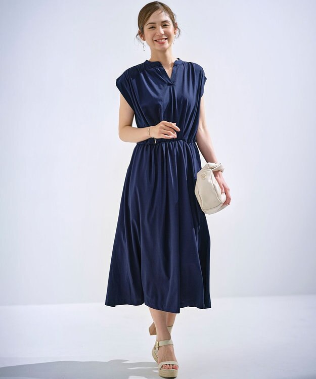 組曲 【洗える・WEB限定】プレーティング天竺 ドレープワンピース ネイビー系