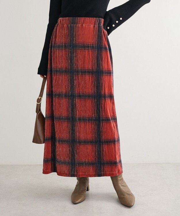 Green Parks 楊柳ベロアチェックＩラインスカート Red