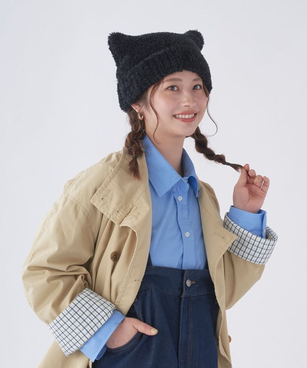 MOONBAT estaa(エスタ) ボリュームヘアリー 猫耳シャロット ニット帽 帽子 ブラック