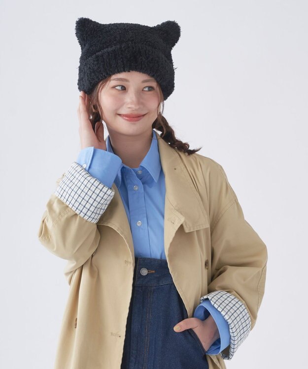 MOONBAT estaa(エスタ) ボリュームヘアリー 猫耳シャロット ニット帽 帽子 ブラック