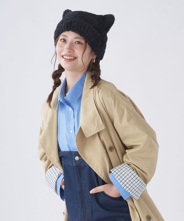 MOONBAT estaa(エスタ) ボリュームヘアリー 猫耳シャロット ニット帽 帽子 ブラック