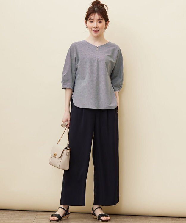 ANY SIS S 【洗える】シルケットストライプドルマン カットソー ネイビーストライプ