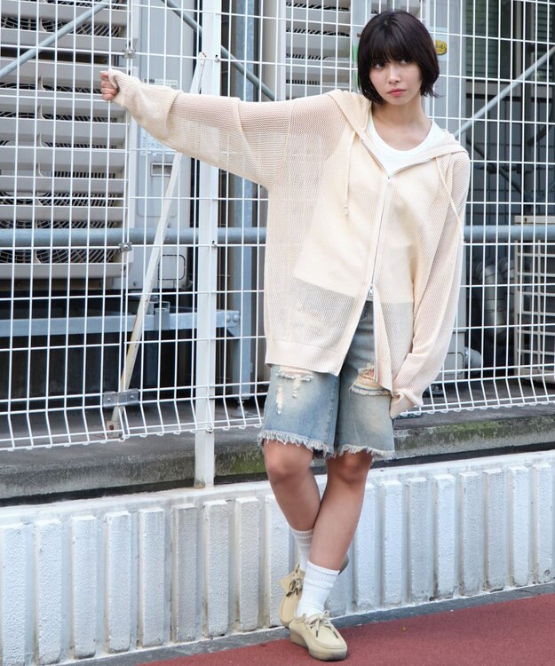 WEGO 【ユニセックス着用ITEM】メッシュニットZIPパーカー ホワイトアイボリー