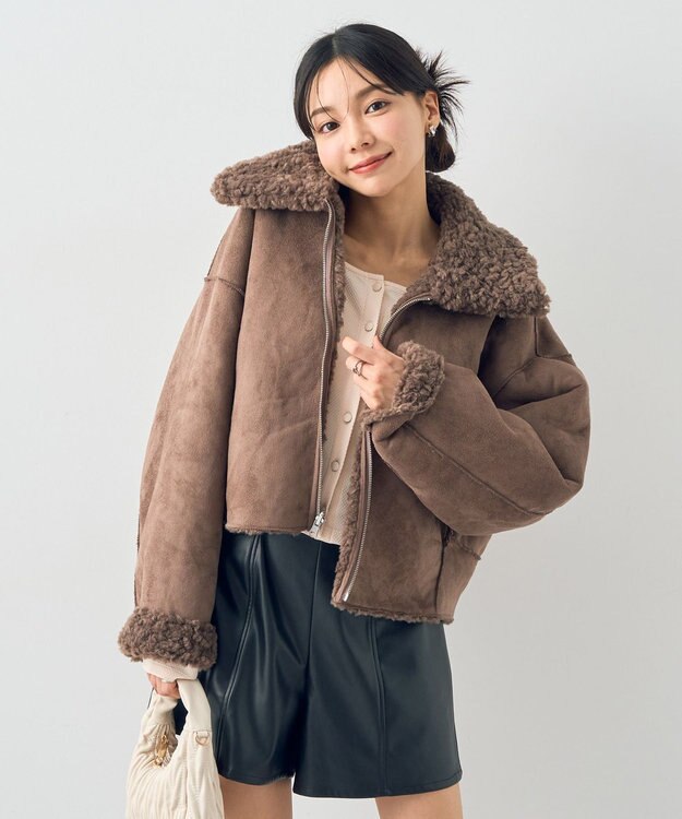 earth music&ecology リバーシブルフェイクムートンショートブルゾン モカ