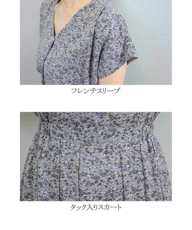 Tiaclasse L 【洗える】程良い透け感のシフォン花柄フレンチワンピース ブルーグレー