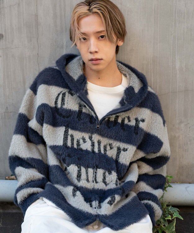 WEGO シャギーグラフィックZIPパーカー グレーボーダー