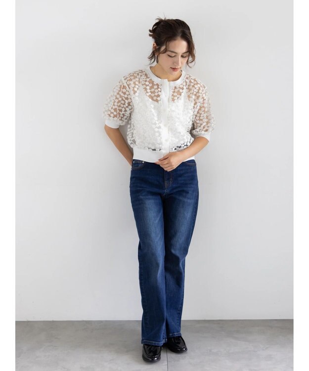 Te chichi エンブロイダリー半袖クルーカーディガン オフホワイト