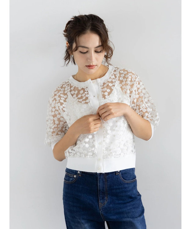 Te chichi エンブロイダリー半袖クルーカーディガン オフホワイト