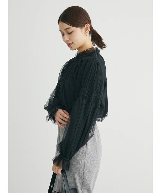 Green Parks ・ＥＬＥＮＣＡＲＥ　ＤＵＥ　チュールハイネックブラウス Black