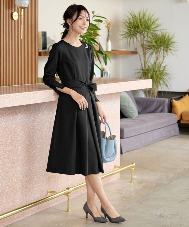 Tiaclasse 【セレモニー・新色追加・洗える】アシメリボンベルトフレアワンピース ブラック