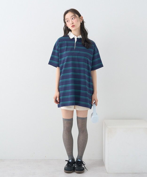 earth music&ecology ボーダールーズラガーシャツ Navy