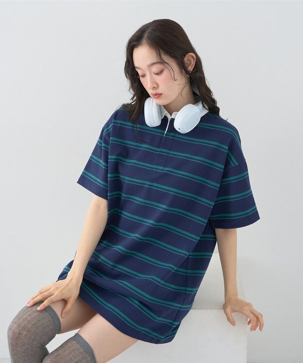 earth music&ecology ボーダールーズラガーシャツ Navy
