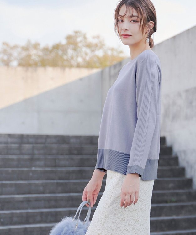 Tiaclasse 【洗える】 配色スリットニットトップス サックス