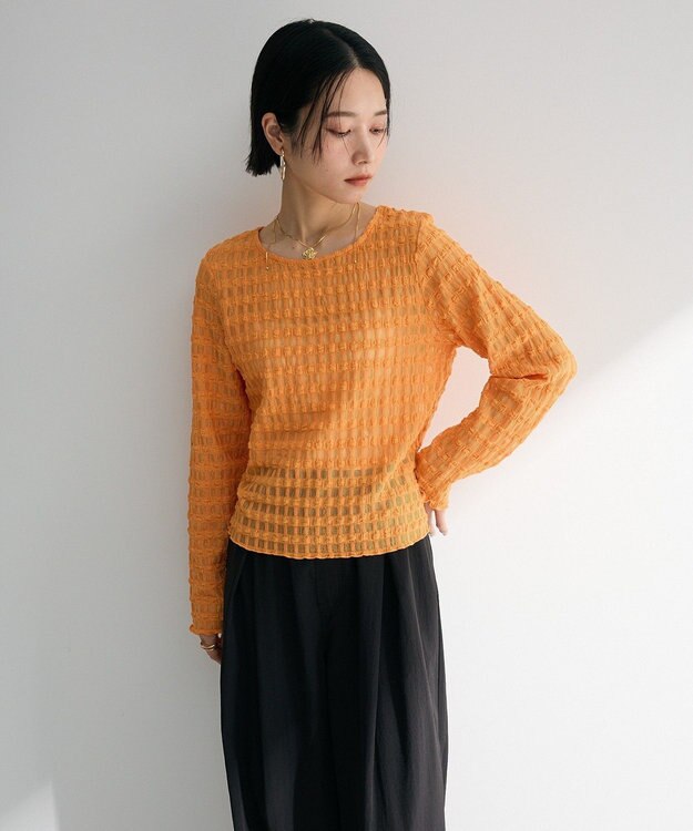 Green Parks クロップドボートネック表面感プルオーバー Orange