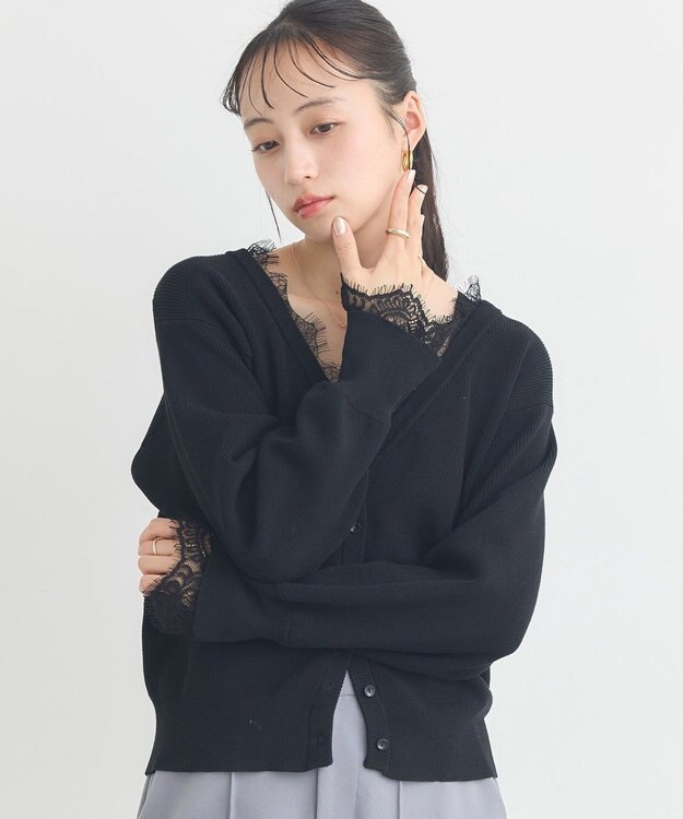 earth music&ecology レーストリムカーディガン Black