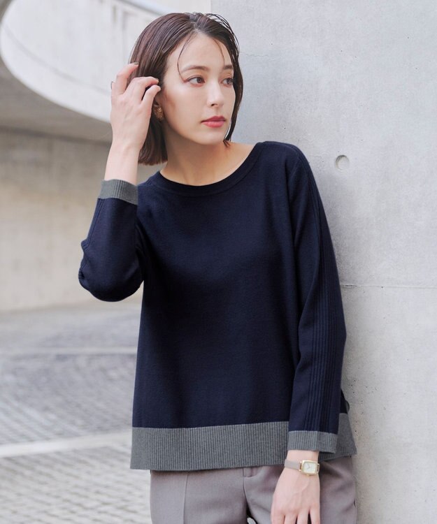 Tiaclasse 【洗える】 配色スリットニットトップス ネイビー