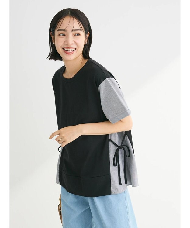 Green Parks 脇リボン５分袖布帛ドッキングプルオーバー Black