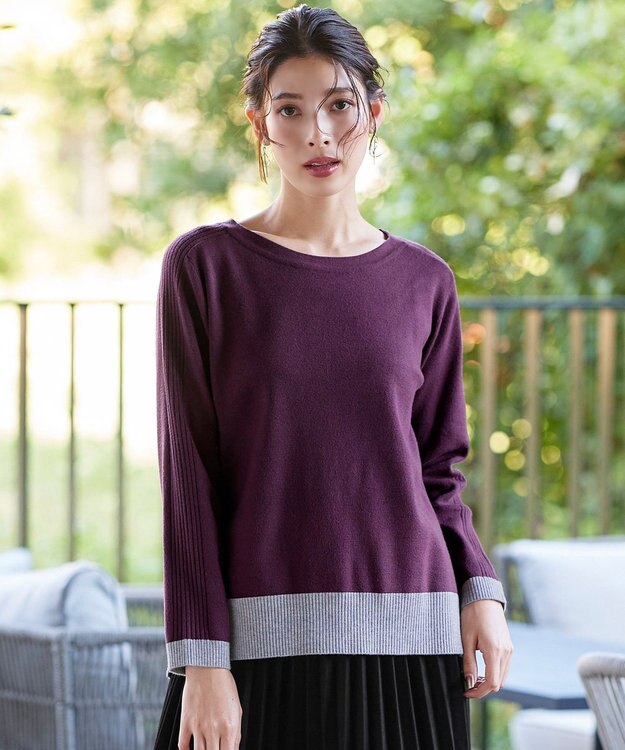 Tiaclasse 【洗える】 配色スリットニットトップス パープル