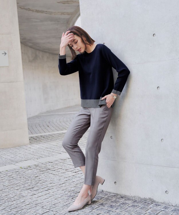 Tiaclasse 【洗える】 配色スリットニットトップス ネイビー