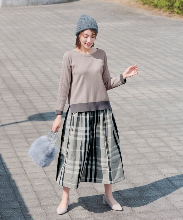 Tiaclasse 【洗える】 配色スリットニットトップス グレージュ