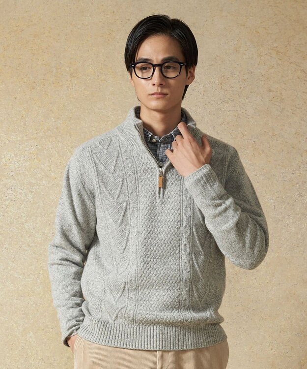 J.PRESS MEN 【Cash Lamb's Wool】ケーブルハーフジップ ニット ライトグレー系