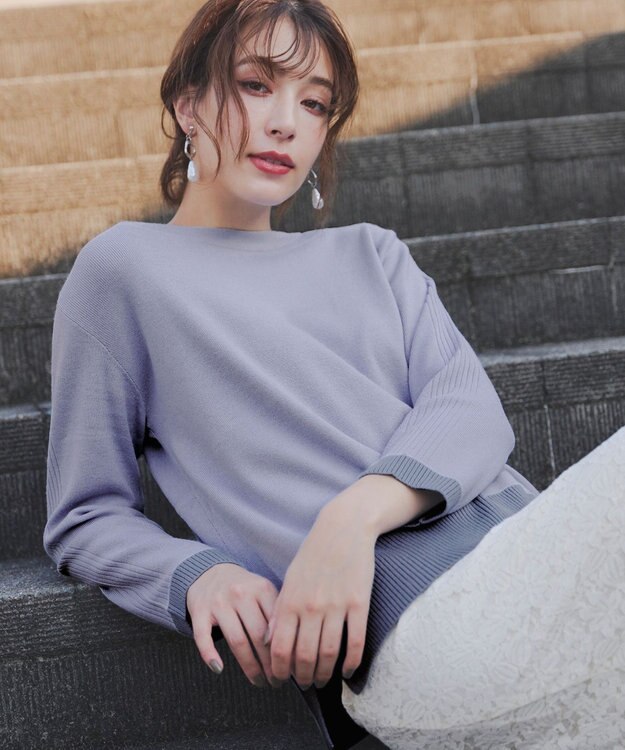 Tiaclasse 【洗える】 配色スリットニットトップス サックス