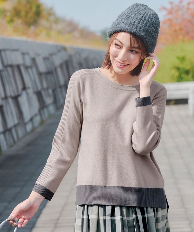 Tiaclasse 【洗える】 配色スリットニットトップス グレージュ