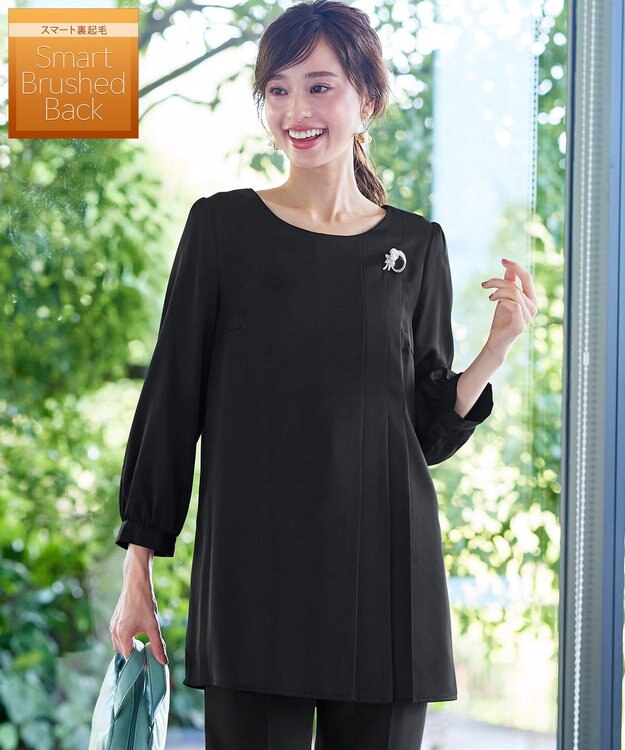 Tiaclasse 【洗える・スマート裏起毛】アシメタックチュニックブラウス ブラック