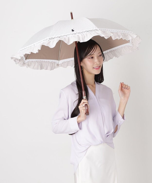 MOONBAT 【遮光/晴雨兼用日傘】POLO RALPH LAUREN(ポロ ラルフローレン) ストライプフリル 長傘 遮熱 UV ベージュ