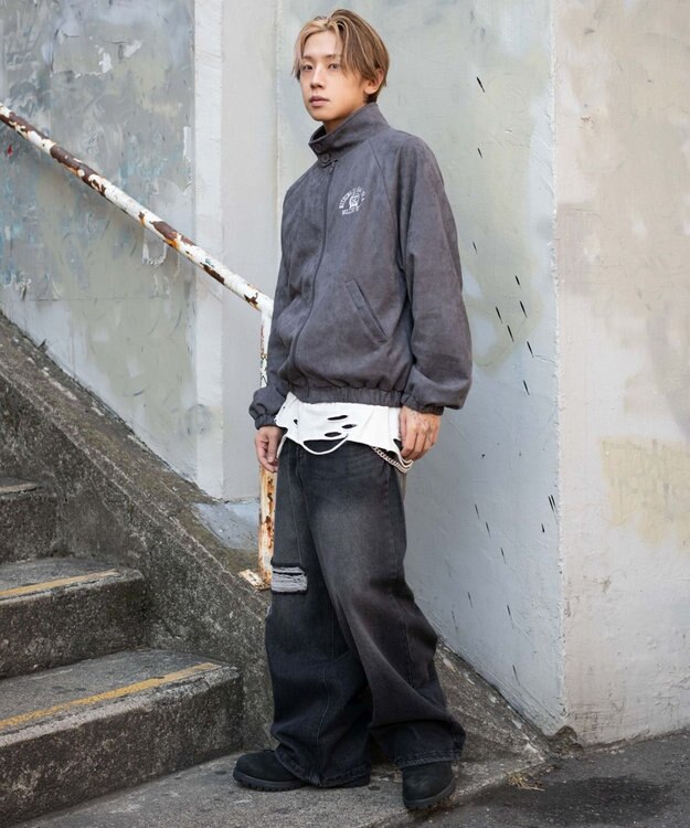 WEGO 【ユニセックス着用ITEM/MLサイズ展開】フェイクスウェードロゴスウィングトップ ブラック中濃色