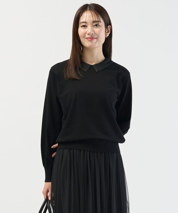 J.PRESS LADIES L レーヨンストレッチ 刺繡襟 ニット ブラック×ブラック系