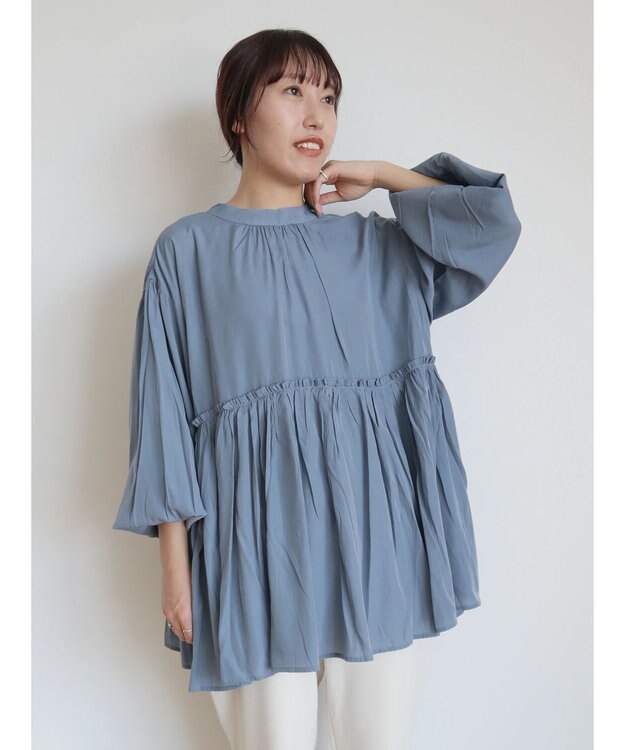 CRAFT STANDARD BOUTIQUE 後リボン切替ギャザーチュニックブラウス Blue