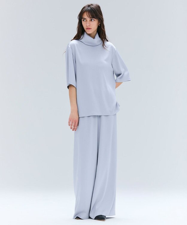 BEIGE， 【洗える・Precious 11月号掲載】LLOYD / ハンマーサテンロールカラー半袖ブラウス Dull Blue