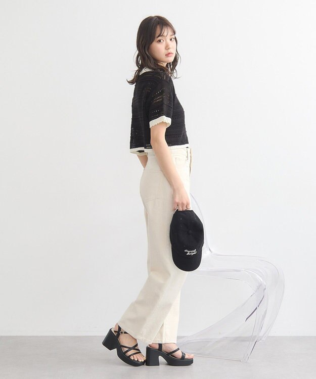 earth music&ecology キラキラボタン透かしニットポロ Black