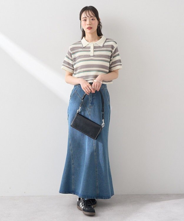 earth music&ecology キラキラボタン透かしニットポロ Border Gray