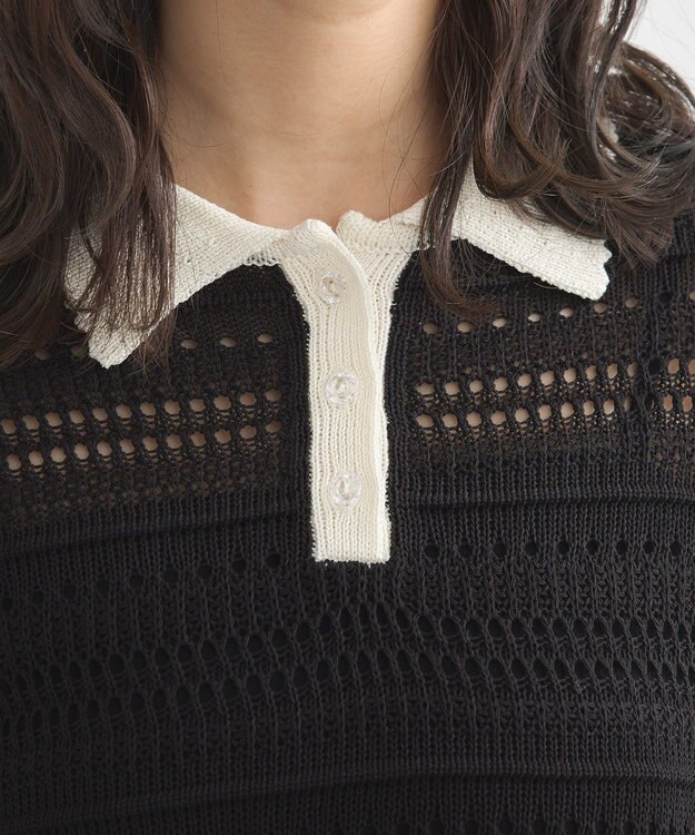 earth music&ecology キラキラボタン透かしニットポロ Black