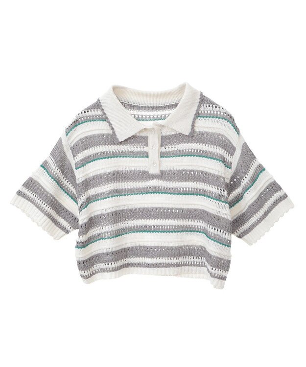 earth music&ecology キラキラボタン透かしニットポロ Border Gray